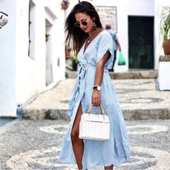 ZARA MIDI V NECK SHIRT DRESS STRIPED BLUE WHITE 7784/072 XSMALL - Picture 9 of 12